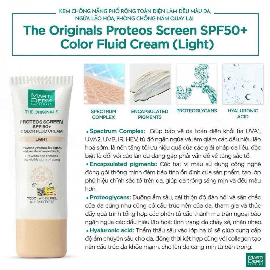Screen Col Cream Kem Chống Nắng Martiderm Proteos Screen SPF 50 Color Fluid Cream Light 40ml